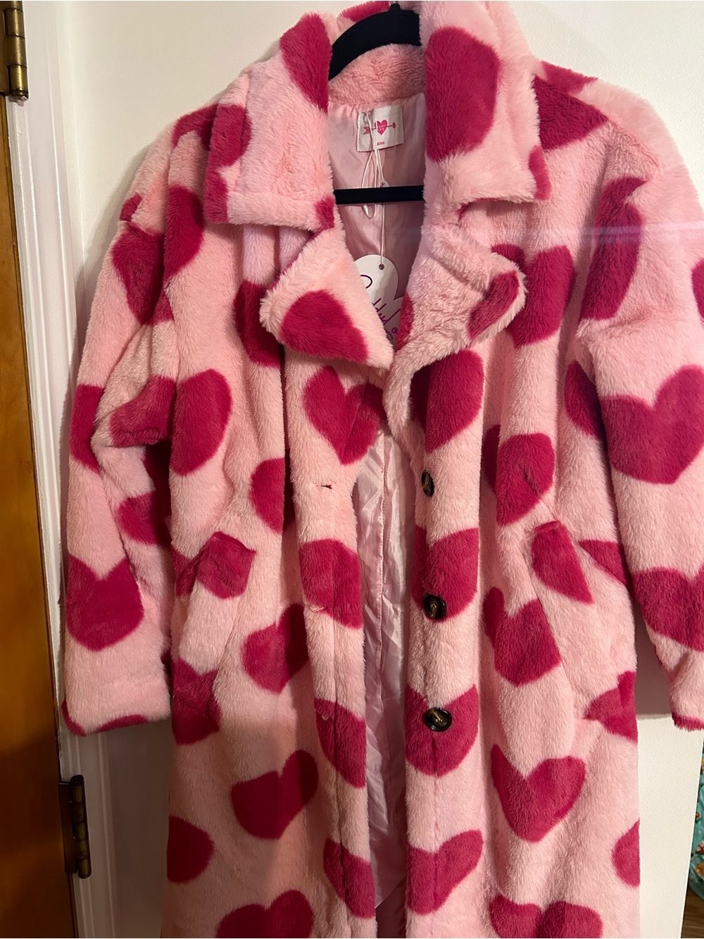 Buddy Love Pink Faux Fur Coat with Dark Pink Heart Print - Picture 2 of 10